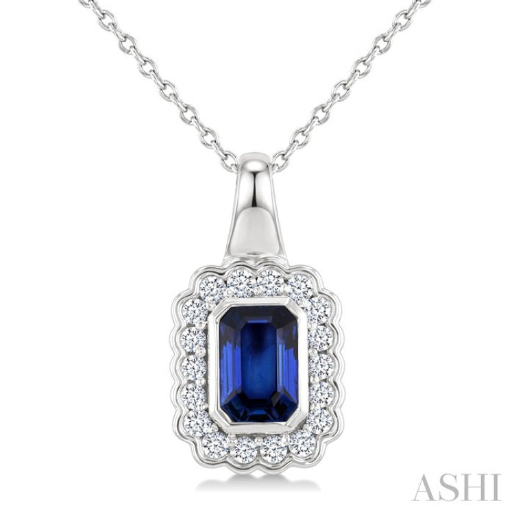 6X4 MM Octagon Shape Sapphire and 1/5 Ctw Round Cut Diamond Bold Precious Pendant With Chain in 10K White Gold