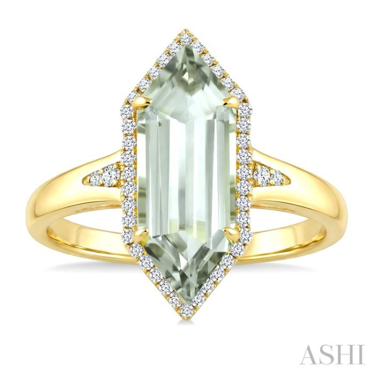 16X6 MM Evoque Gemstone Hexagon Shape Green Amethyst and 1/5 Ctw Round Cut Diamond Semi-Precious Ring in 10K Yellow Gold