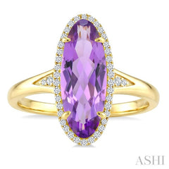 16X6 MM Evoque Gemstones Oval Shape Amethyst and 1/6 Ctw Round Cut Diamond Semi-Precious Ring in 10K Yellow Gold