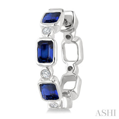 4X3 MM Octagon Shape Sapphire and 1/20 Ctw Bezel Set Round Cut Diamond Fashion Hoop Earrings in 10K White Gold