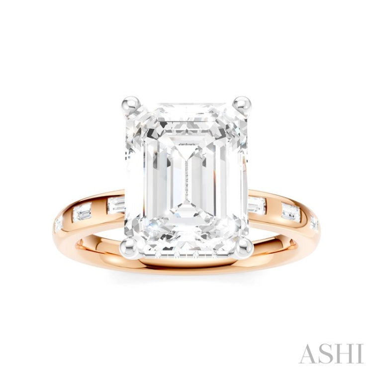1/3 Ctw Emerald Shape Baguette and Round Cut Diamond Semi-Mount Engagement Ring in 14K Rose and White Gold