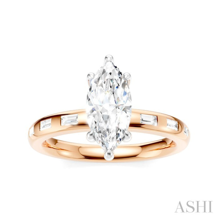 1/4 Ctw Marquise Shape Baguette and Round Cut Diamond Semi-Mount Engagement Ring in 14K Rose and White Gold