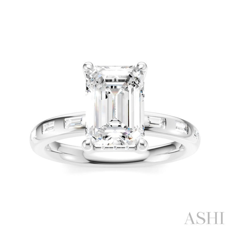 1/4 Ctw Emerald Shape Baguette and Round Cut Diamond Semi-Mount Engagement Ring in 14K White Gold