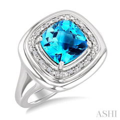 8 MM Cushion Shape Blue Topaz and 1/20 Ctw Round Cut Diamond Semi-Precious Ring in Sterling Silver