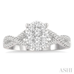 5/8 Ctw Oval Shape Center Split Criss Cross Shank Lovebright Round Cut Diamond Engagement Ring in 14K White Gold