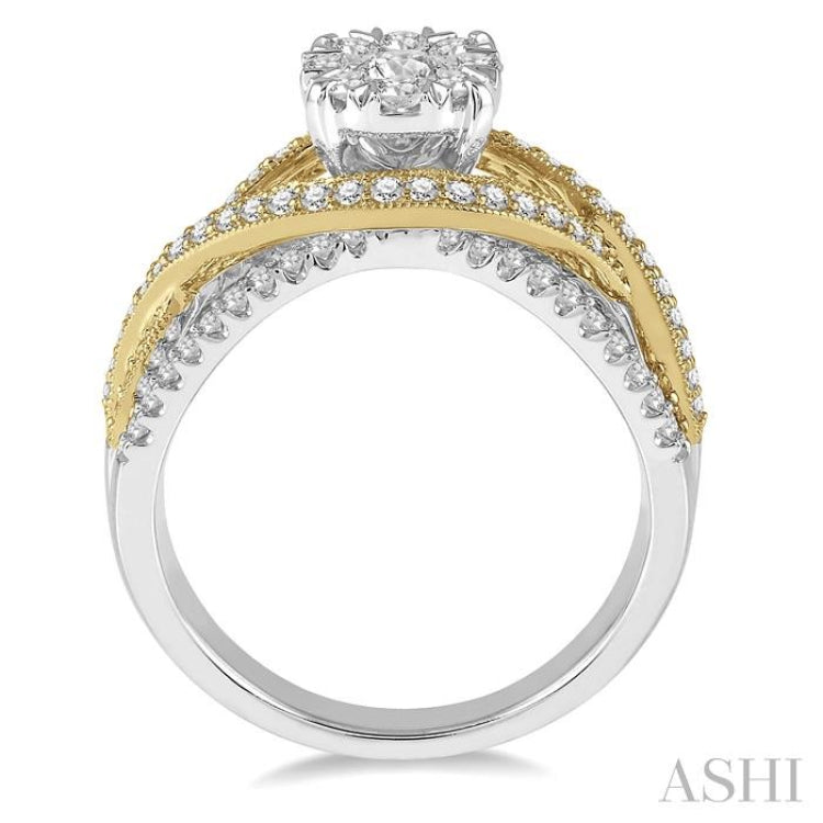 7/8 Ctw Round Diamond Lovebright Crossover Shank Engagement Ring in 14K White and Yellow Gold