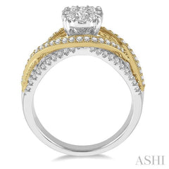 7/8 Ctw Round Diamond Lovebright Crossover Shank Engagement Ring in 14K White and Yellow Gold