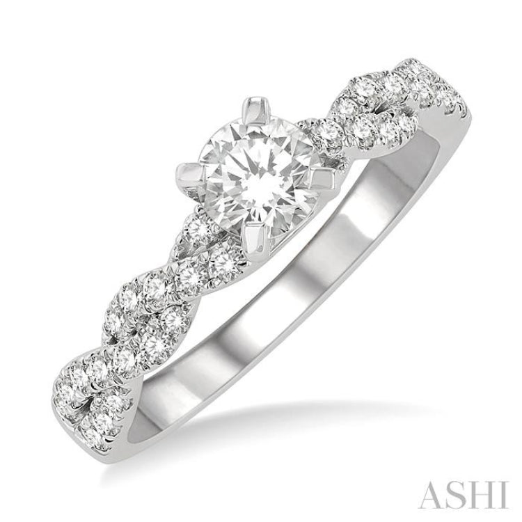 7/8 Ctw Twisted Shank Diamond Engagement Ring With 1/2 Ct Round Cut Center Stone in 14K White Gold
