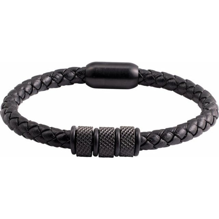 Black PVD Stainless Steel 6 mm Braided Leather 8" Bracelet