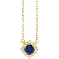14K Yellow Gold Lab-Grown Blue Sapphire & .04 CTW Natural Diamond Halo-Style 18" Necklace