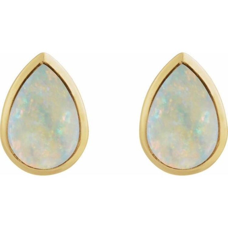 14K Yellow Gold Lab-Grown White Opal Cabochon Earrings