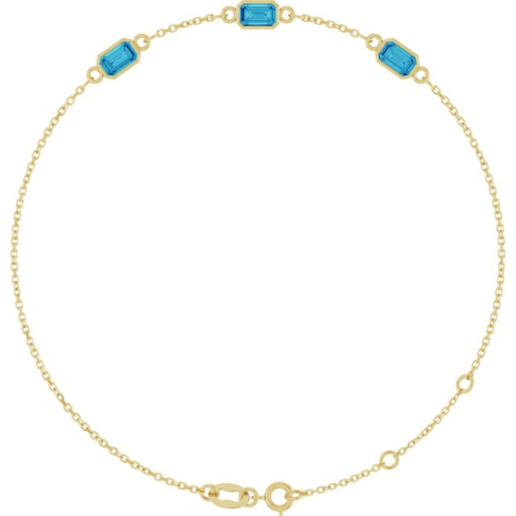 14K Yellow Gold Natural Blue Zircon Bezel-Set 3-Stone 7 1/2" Bracelet