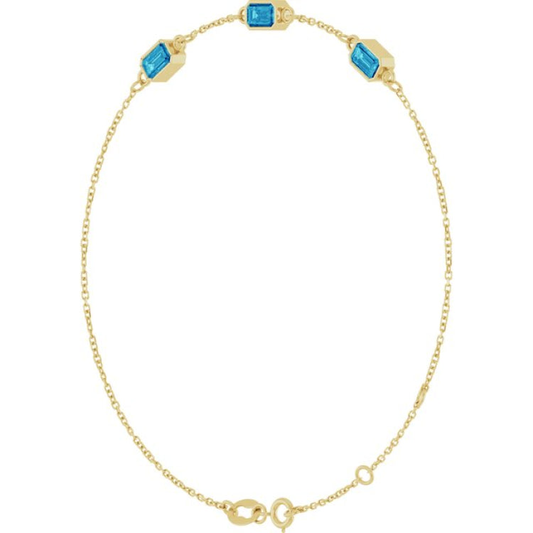 14K Yellow Gold Natural Blue Zircon Bezel-Set 3-Stone 7 1/2" Bracelet