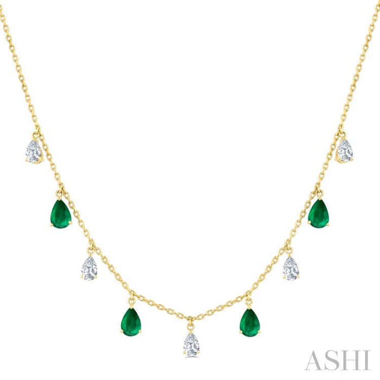 6X4 MM Pear Shape Emerald and 1 Ctw Pear Cut Diamond Precious Station Necklace in 14K Yellow Gold