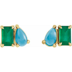 14K Yellow Gold Lab-Grown Emerald & Natural Turquoise Two-Stone Stud Earrings