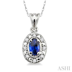 5x3 MM Oval Shape Sapphire and 1/20 Ctw Round Cut Diamond Pendant in 10K White Gold with Chain