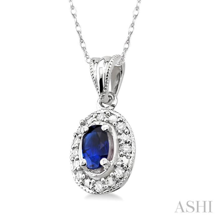 5x3 MM Oval Shape Sapphire and 1/20 Ctw Round Cut Diamond Pendant in 10K White Gold with Chain