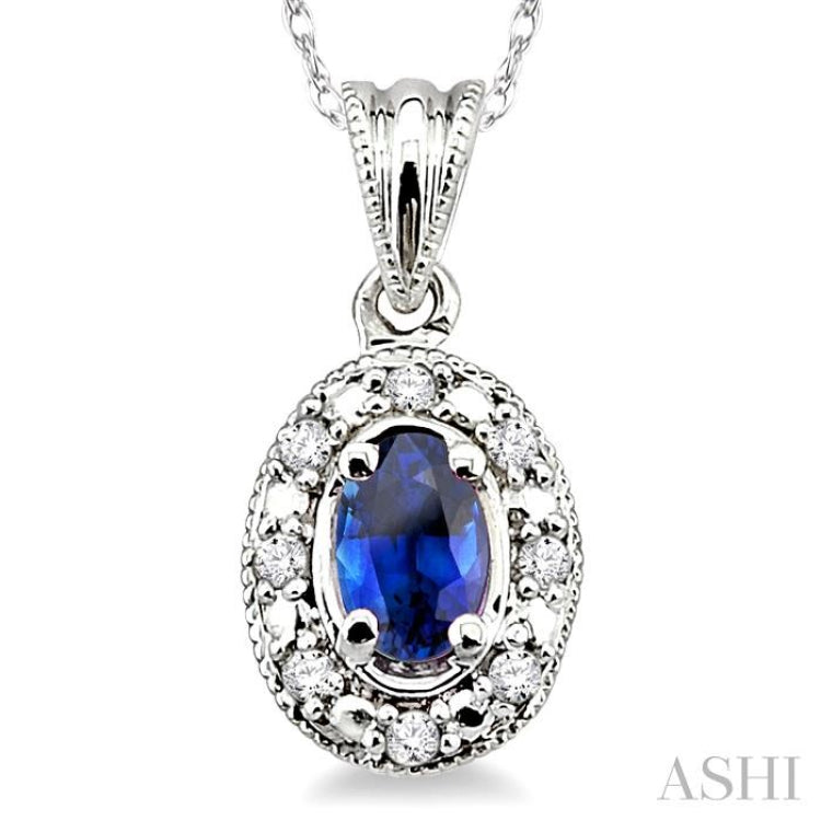 5x3 MM Oval Shape Sapphire and 1/20 Ctw Round Cut Diamond Pendant in 10K White Gold with Chain