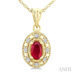 5x3 MM Oval Shape Ruby and 1/20 Ctw Round Cut Diamond Pendant in 14K Yellow Gold with Chain