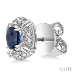 5x3 MM Oval Cut Sapphire and 1/10 Ctw Round Cut Diamond Earrings in 10K White Gold