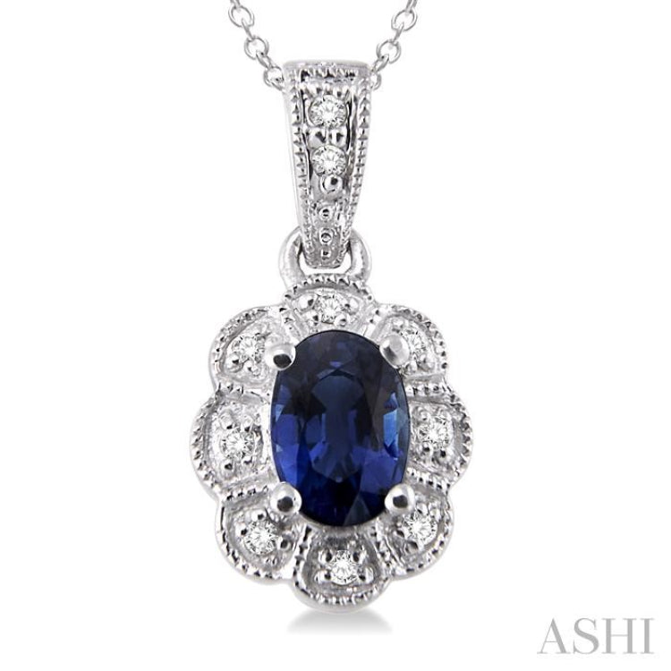 6x4 MM Oval Cut Sapphire and 1/20 Ctw Single Cut Diamond Pendant in Sterling Silver with Chain