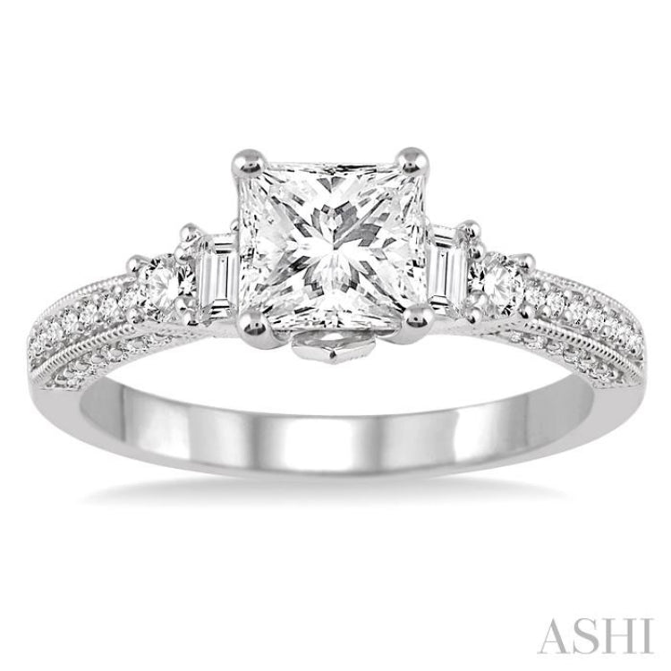 7/8 Ctw Diamond Engagement Ring with 1/2 Ct Princess Cut Center Stone in 14K White Gold