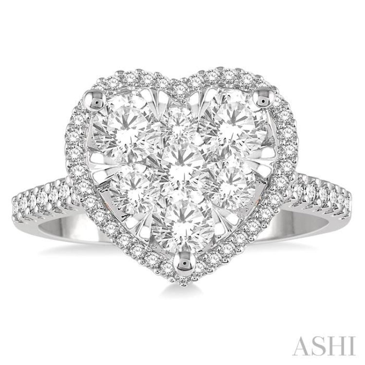 1 1/10 Ctw Round Diamond Lovebright Heart Halo Engagement Ring in 14K White and Rose Gold
