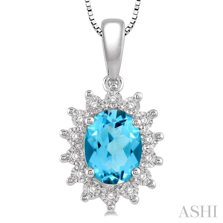 8X6 MM Oval Shape Blue Topaz and 1/10 Ctw Round Cut Diamond Semi-Precious Pendant With Chain in 10K White Gold