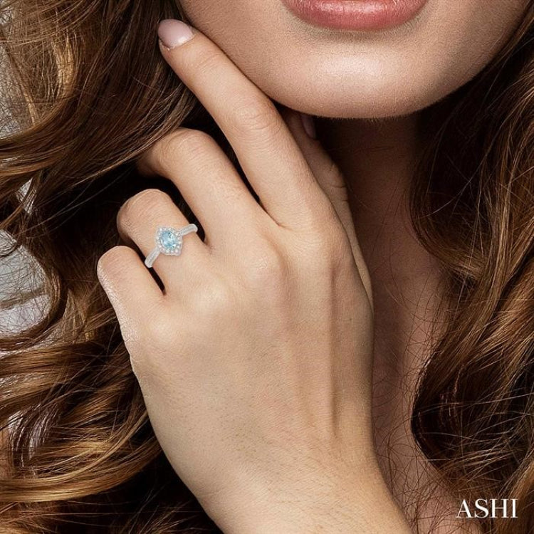 6x4 MM Oval Shape Aquamarine and 1/5 Ctw Round Cut Diamond Semi-Precious Ring in 10K White Gold