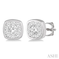 1/3 Ctw Cushion Shape Round Cut Diamond Lovebright Bezel Stud Earring in 14K White Gold