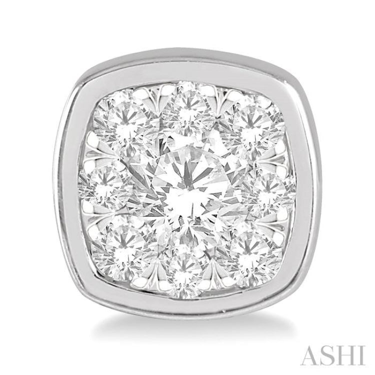 1/3 Ctw Cushion Shape Round Cut Diamond Lovebright Bezel Stud Earring in 14K White Gold
