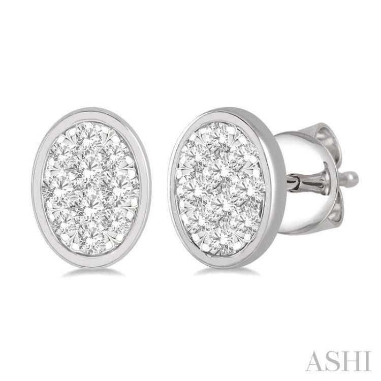1/3 Ctw Oval Shape Lovebright Round Cut Diamond Bezel Stud Earring in 14K White Gold