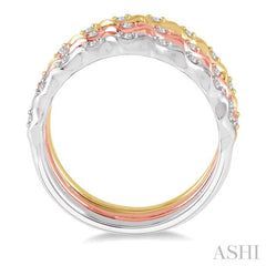 1/5 Ctw Twisted Top Three Tone Round Cut Diamond Stackable Band Set in 14K White, Yellow and Rose Gold
