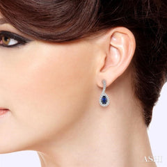 5x3 MM Hanging Arm Pear Cut Sapphire and 1/6 Ctw Round Cut Diamond Precious Earrings in 10K White Gold