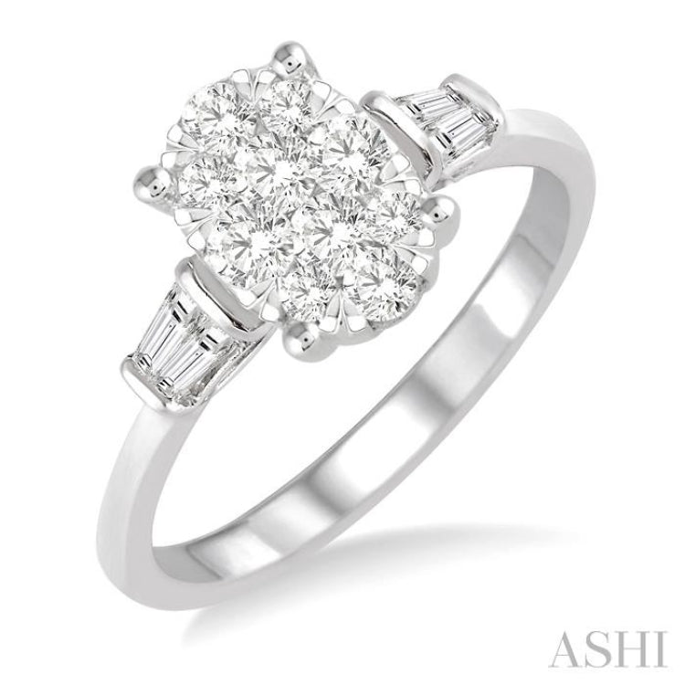 5/8 Ctw Oval Shape Lovebright Baguette and Round Cut Diamond Cluster Ring in 14K White Gold