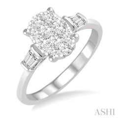 5/8 Ctw Oval Shape Lovebright Baguette and Round Cut Diamond Cluster Ring in 14K White Gold