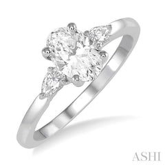 3/4 Ctw Pear and Oval Cut Diamond Ladies Engagement Ring With 1/2 Ct Oval Cut Center Stone in 14K White Gold