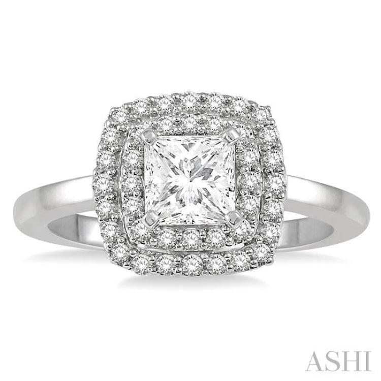 3/4 Ctw Princess & Halo Round Cut Diamond Ladies Engagement Ring With 1/2 Ct Princess Cut Center Stone in 14K White Gold