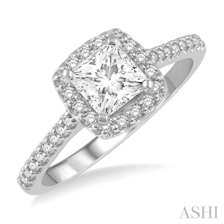 1 Ctw Cushion Shape Round & Princess Cut Diamond Engagement Ring With 3/4 Ctw Princess Cut Center Stone in 14K White Gold
