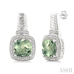 8x8 MM Cushion Shape Green Amethyst and 1/20 Ctw Single Cut Diamond Earrings in Sterling Silver