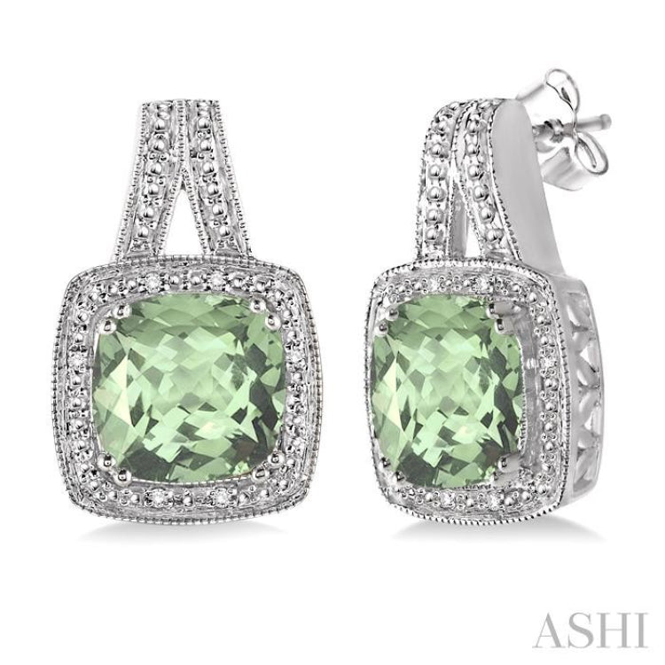 8x8 MM Cushion Shape Green Amethyst and 1/20 Ctw Single Cut Diamond Earrings in Sterling Silver