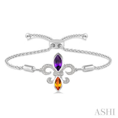 10x5 MM Marquise Cut Amethyst & 8x4 MM Marquise Cut Citrine and 1/20 Ctw Round Diamond Fleur De Lis Sterling Silver Lariat Bracelet
