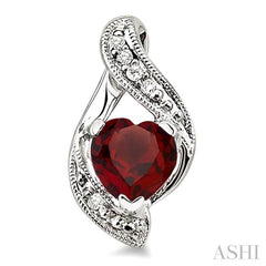 6x6 MM Heart Shape Garnet and 1/20 Ctw Round Cut Diamond Earrings in Sterling Silver