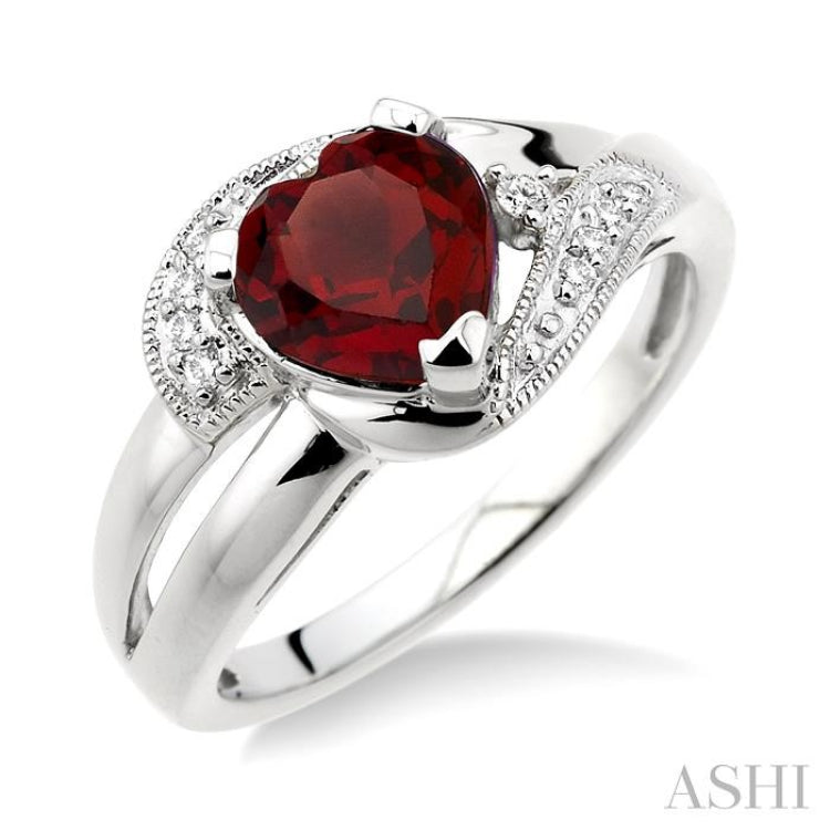 7x7 MM Heart Shape Garnet and 1/20 Ctw Round Cut Diamond Ring in Sterling Silver