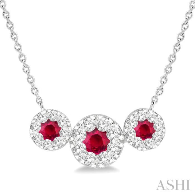 3.8 MM & 3 MM Ruby and 5/8 Ctw Round Cut Diamond Past Present & Future Precious Necklace in 14K White Gold