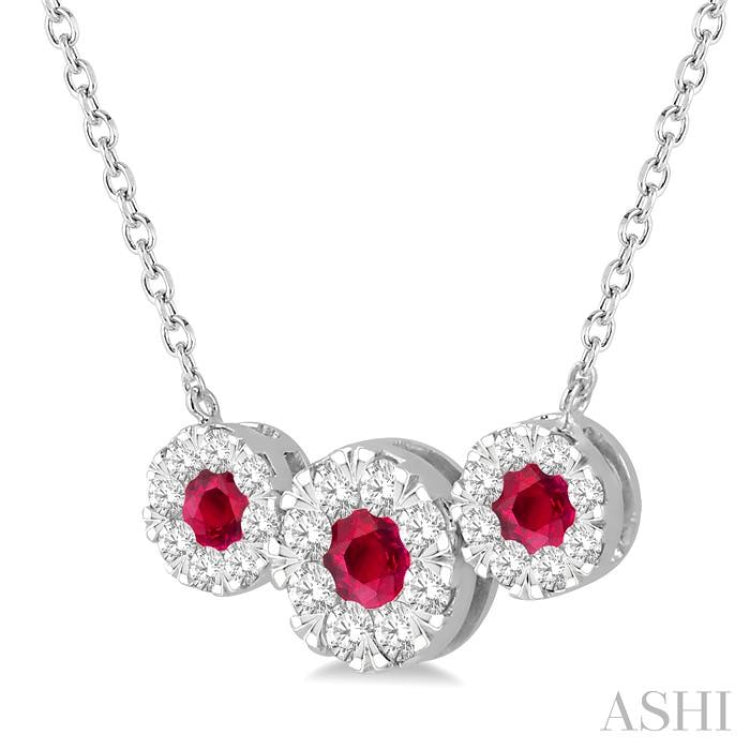 3.8 MM & 3 MM Ruby and 5/8 Ctw Round Cut Diamond Past Present & Future Precious Necklace in 14K White Gold