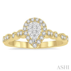 1/3 Ctw Lattice Pear Shape Lovebright Round Cut Diamond Engagement Ring in 14K Yellow and White Gold