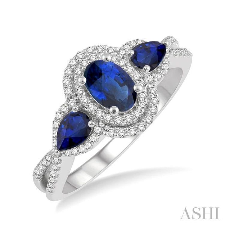 6x4MM Oval Cut and 5x3 MM Pear Cut Sapphire and 1/4 Ctw Round Cut Diamond 3-Stone Precious Ring in 10K White Gold