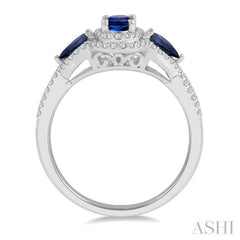 6x4MM Oval Cut and 5x3 MM Pear Cut Sapphire and 1/4 Ctw Round Cut Diamond 3-Stone Precious Ring in 10K White Gold