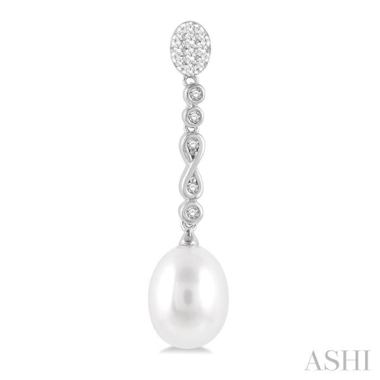 11x8.5 MM Cultured Pearls and 1/4 Ctw Round Cut Diamond Drop Hanging Lovebright Earrings in 14K White Gold